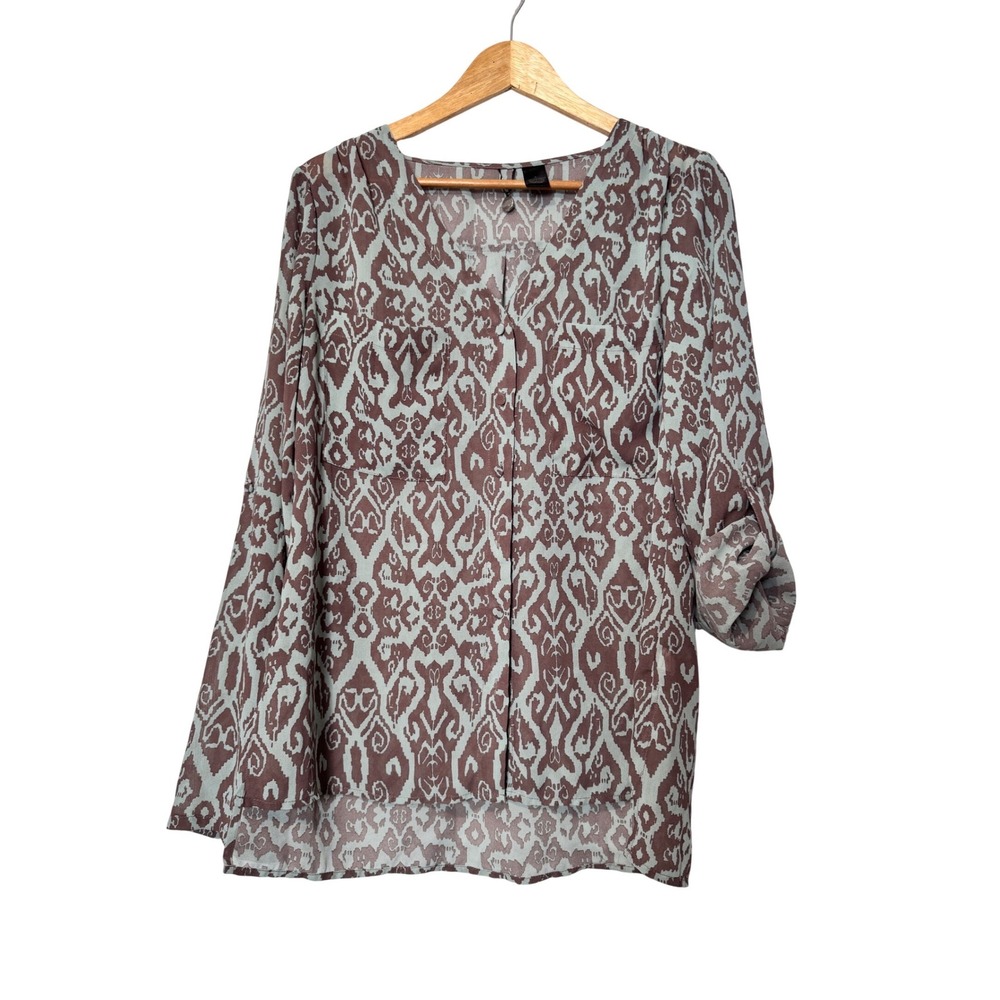 BKE Boutique Ikat Print Button Front Roll Tab Sleeve Tunic‎ Blouse Women L